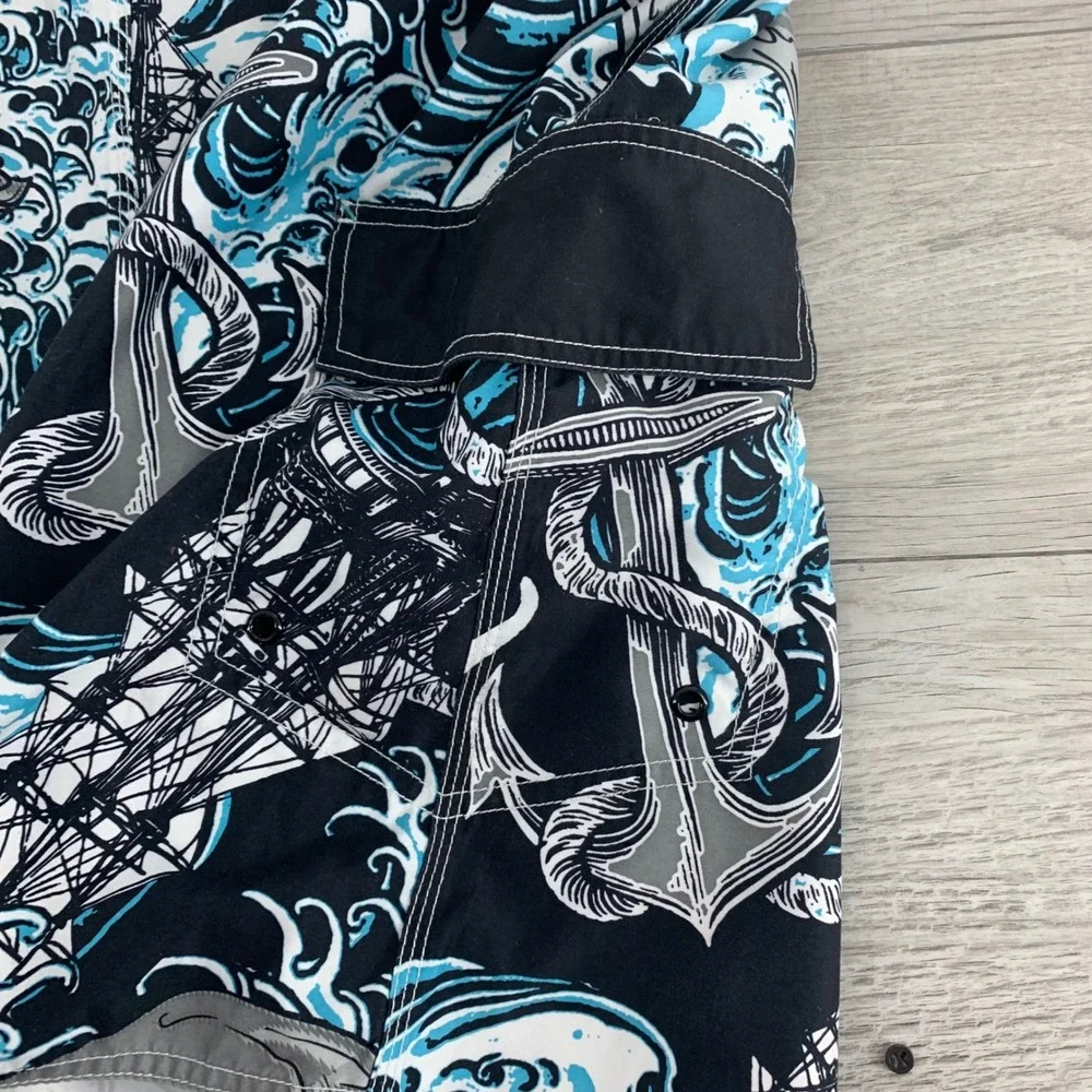 Joe Boxer Mens Skull Anchor Wave Print Board Shorts Black Blue Size 44